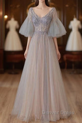 A-Line Beaded V-Neckline Tulle Formal Dresses, Puffy Sleeves Long Prom Dresses